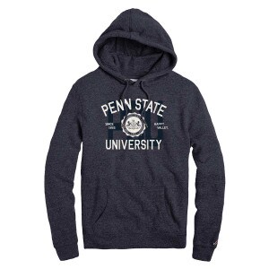 navy heather hooded sweatshirt with Penn State University and Seal, PSU in background